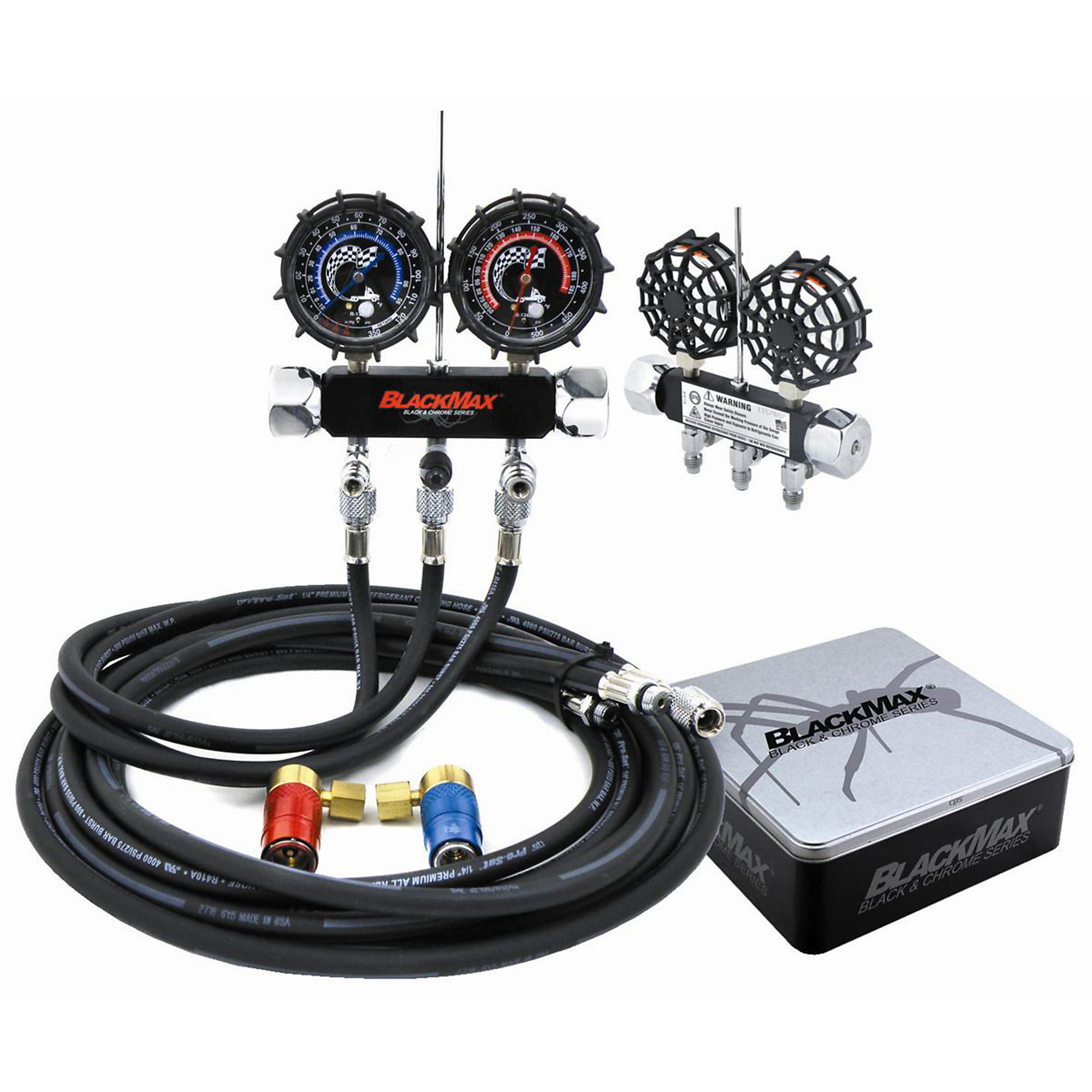 CPS Products Blackmax Chrome Manifold Set — Non-Flutter Gauge, 8ft. Non-Permeating Hoses, Collector's Edition Tin Case, Model# CPSMAID8QZ